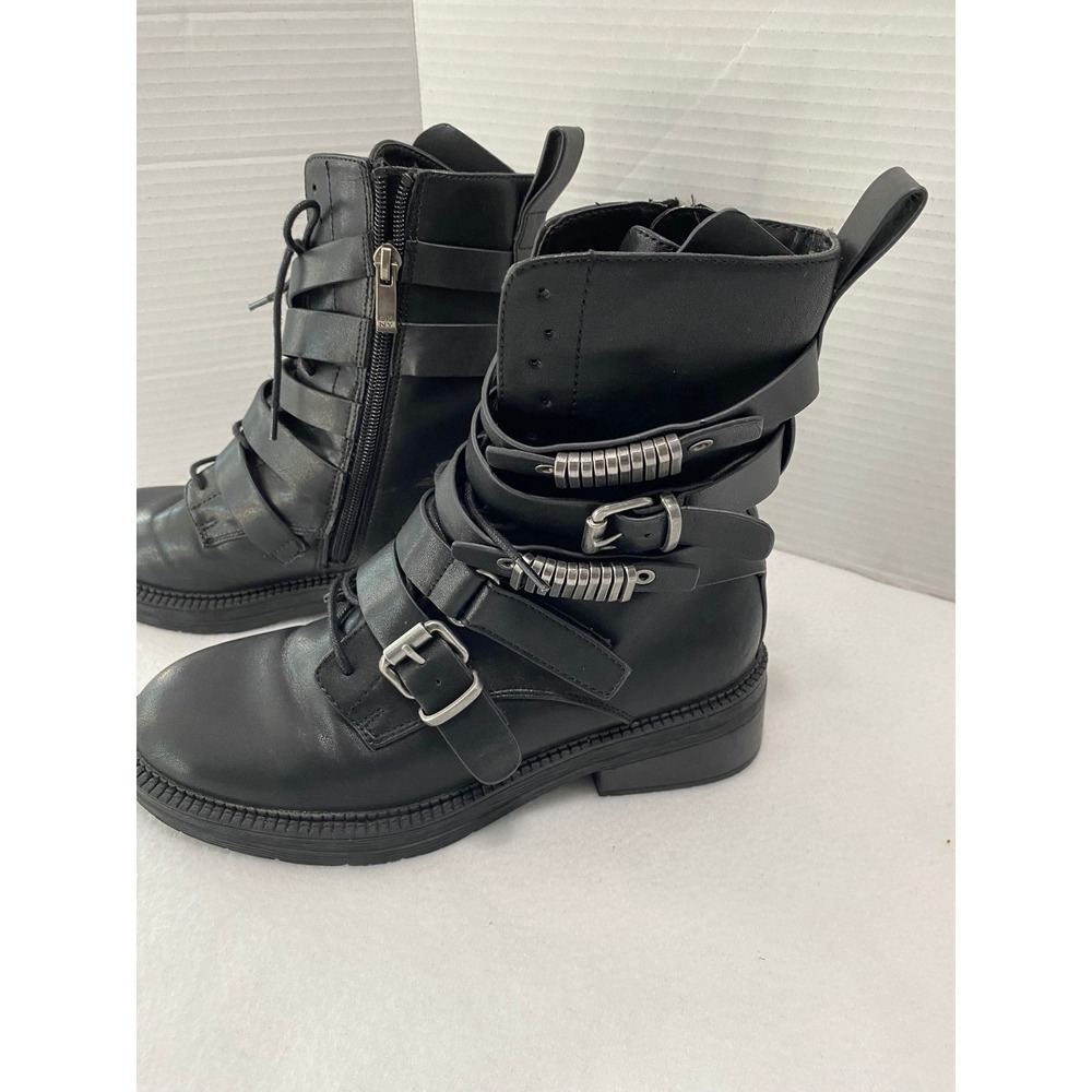 DKNY Combat Boots Women 6M Black Multi-Strap Buckle Moto Side Zip Lace Up Buckle - Picture 6 of 14